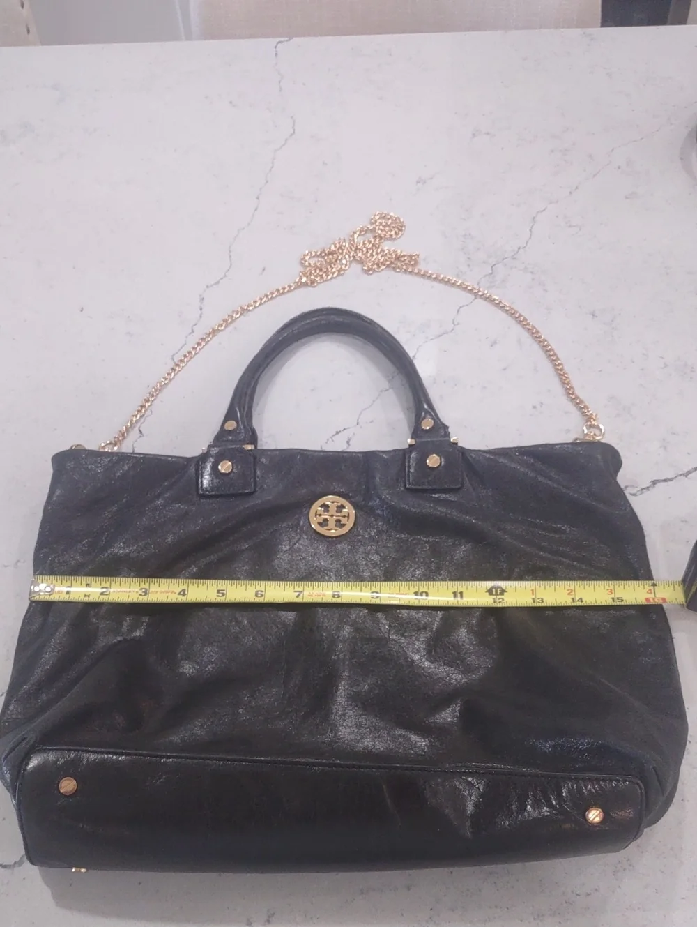 Tory Burch Black Leather Tote with Gold Tone Metal Chain Strap 